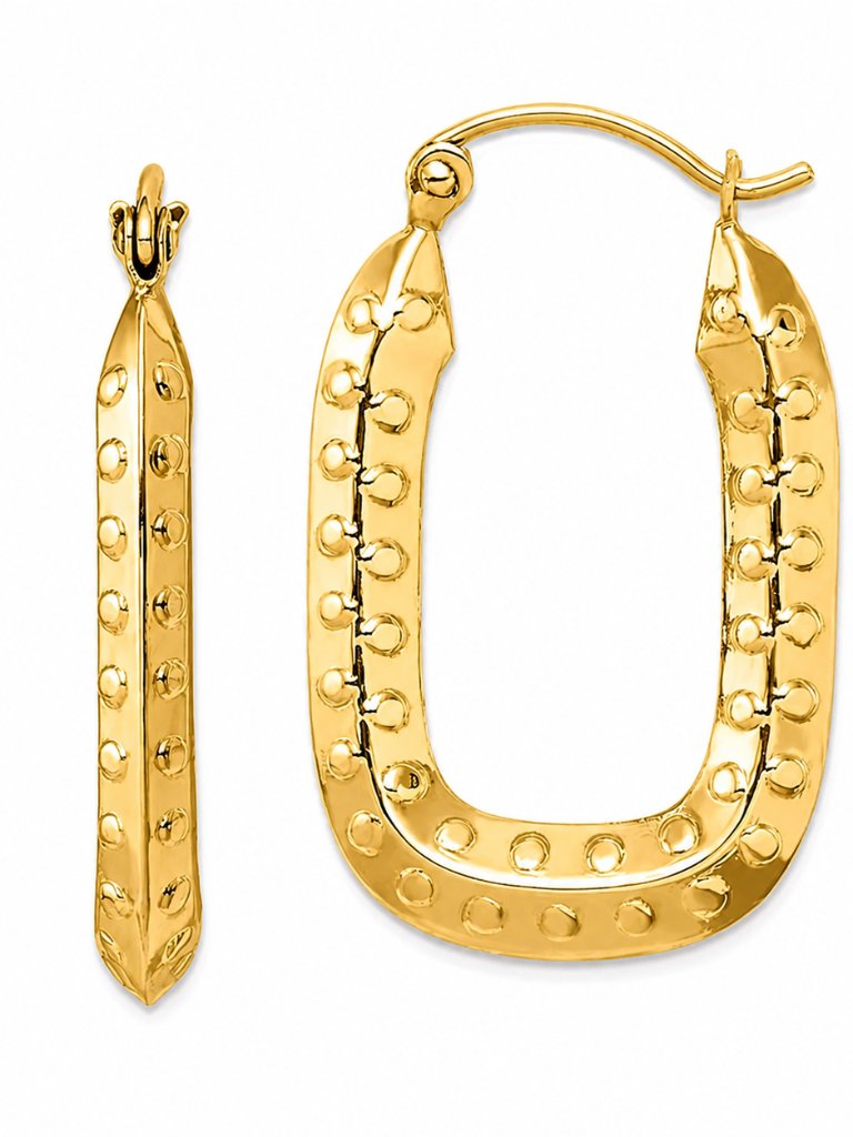 14k Yellow Gold Rectangular Hoop Earrings 25mm Textured Polished Modern